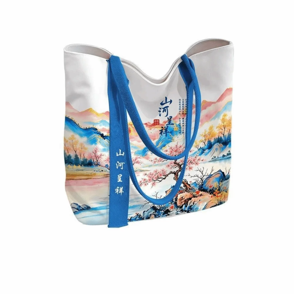 Durable Scenic Pattern Canvas Bag Reusable Lightweight Shoulder Bag Versatile Large Capacity Lunch Bag Women's Accessories
