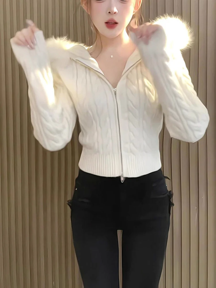 

Корейская вязаная шапка, пальто, приталенная, высокая длина, молния, повседневная верхняя одежда, весна-осень, новая модель, воротник для волос, топ