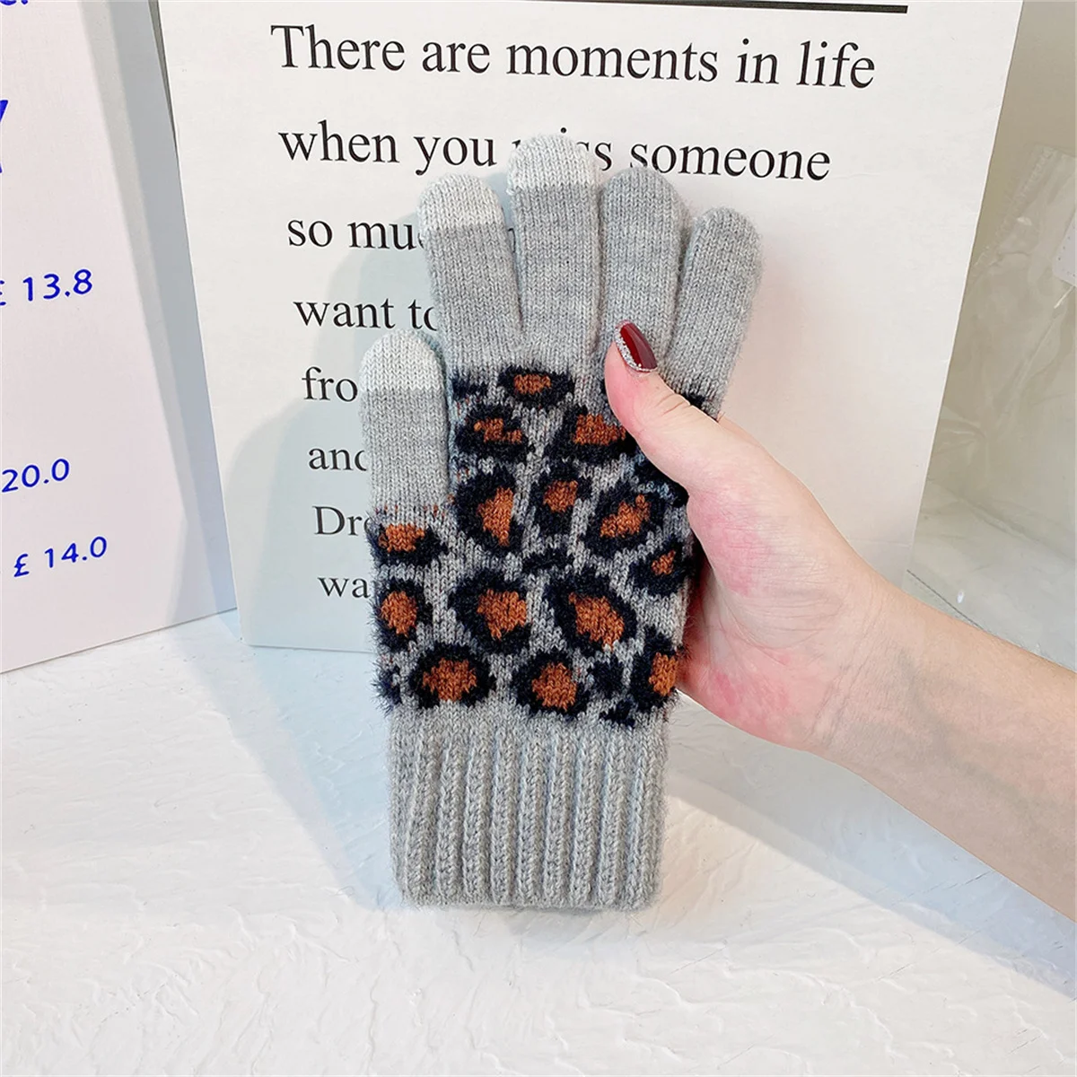 

Women's leopard print knitted warm gloves, winter Korean style, thickened fleece, cycling touchscreen full finger, fashionable a