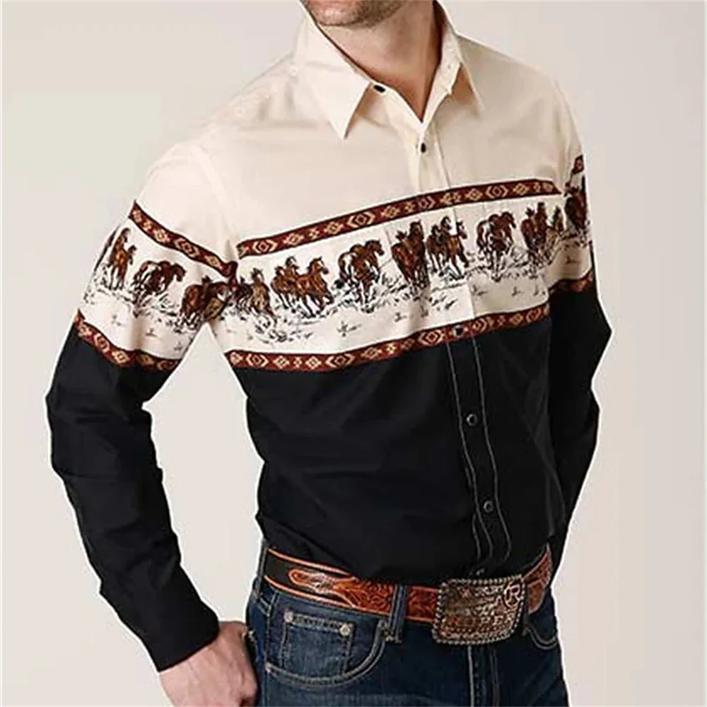 Western Cowboy Flower Printed Long Sleeve Shirt for Spring and Summer Comfortable Soft Fabric Party Men\'s Collar Shirt