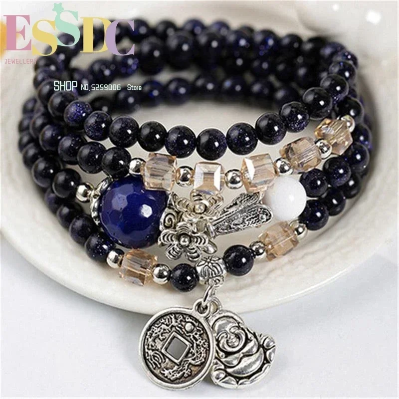 Natural Blue Sand Stone Beads with Copper Buddha & Coin Pendant Flower Spacer Multi Circle Bracelet Fashion Women's Accessories