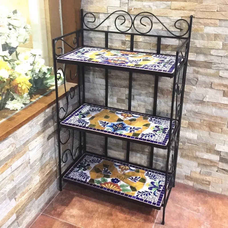 Featured Mosaic Craft Mediterranean Flower Stand Villa Home Shoe Rack, Blues Mexican Terrace Shelf