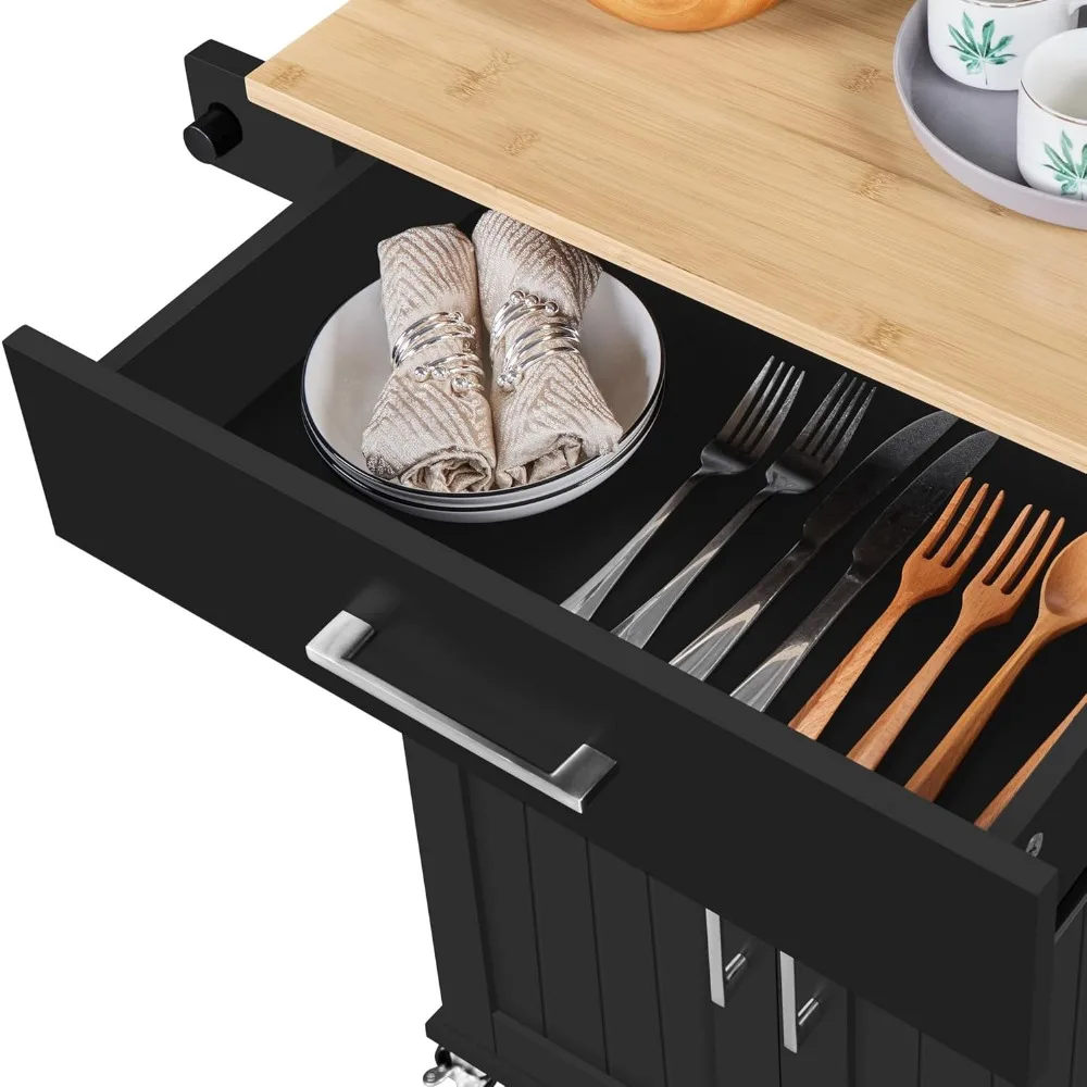 عربة جزيرة المطبخ المتنقلة مع مساحة تخزين وأدراج ورف توابل وبار منشفة لتناول الطعام