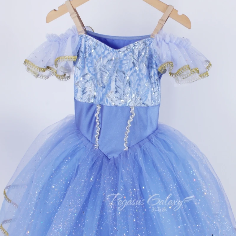 

Синее кружевное балетное платье-пачка с открытыми плечами, блестящие блестки принцессы, костюм для сценического шоу, танцевальная одежда для девочек, одежда для выступлений, женская одежда