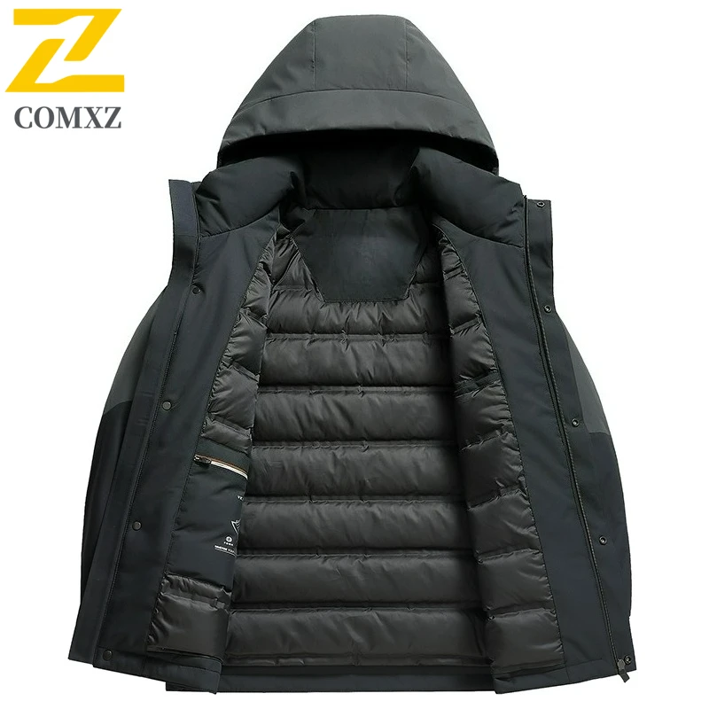 COMXZ Luxury Men Down Jacket Lightweight Commute Office Warm Puffer Jacket Hooded Travel Windproof Cold Resistant Winter Coat