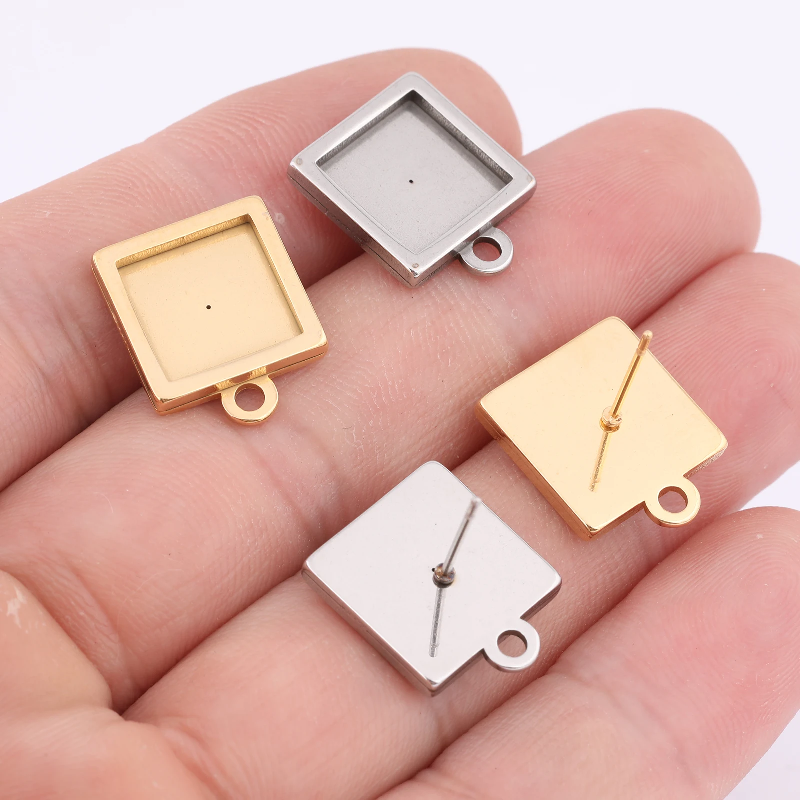 10pcs Stainless Steel Fit 10mm Square Cabochon Earring Connector Base Setting Blanks Diy Post Ear Bezel Findings With Loop