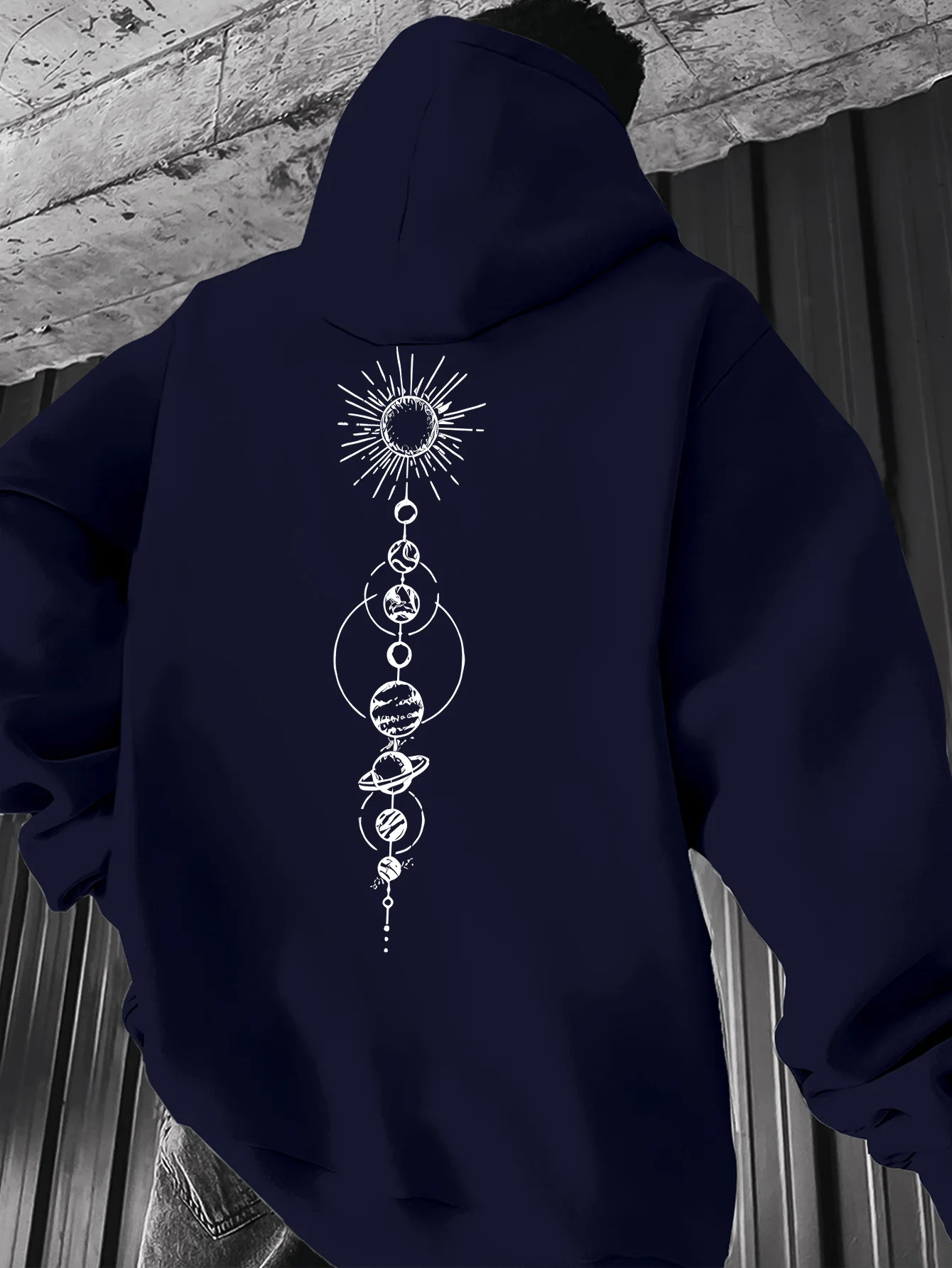 2026Men Solar System Planet Geometric Back Print Hoodie Drawstring Hood Kangaroo Pocket Autumn Winter Casual Pullover Sweatshirt