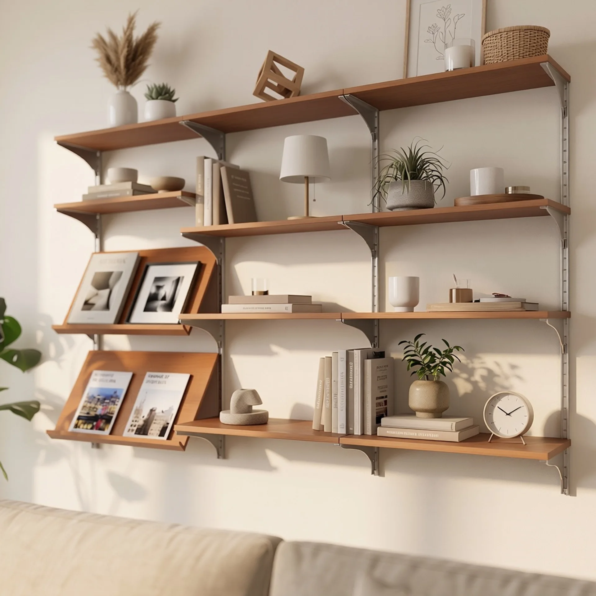 Living room wall track combination shelf decorative display pendulum module adjustable solid wood wall bookshelf