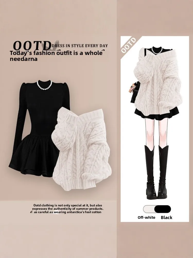 

Autumn Winter Rich Girl Set Gentle Maturi One oulder Sweater with Slimming Dr Two Piece Set Long Sve Collar Bu...