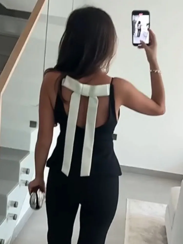 

HH New Woman Spring Fashion Princess Style Sleeveless Bow Decoration Camisole Top Female Casual Sweet Party Style Short Tops