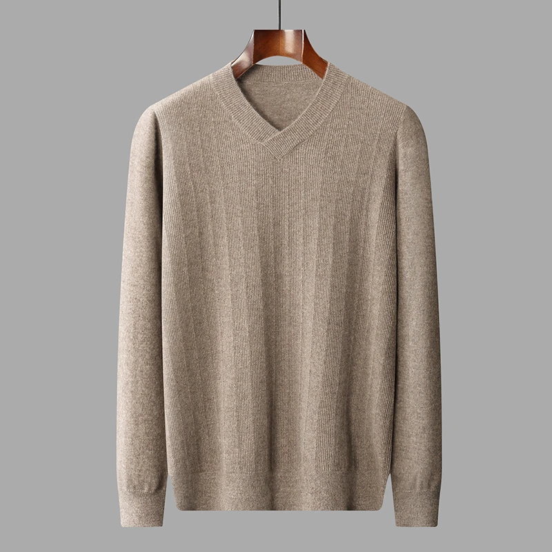 

DjzDsm Men's 100% Pure Cashmere High end Knitted Top V-neck Long Sleeve Pullover Solid Color Business Sweater Autumn/Winter New