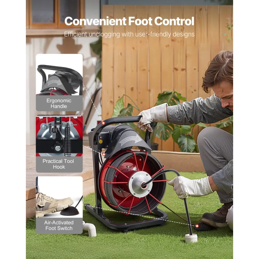 Drain Cleaner Machine 75 FT x 3/8 Inch Sewer Snake Auger Manual Feed with 4 Cutters Air-activated Foot Switch for 2 to 4 Pipes