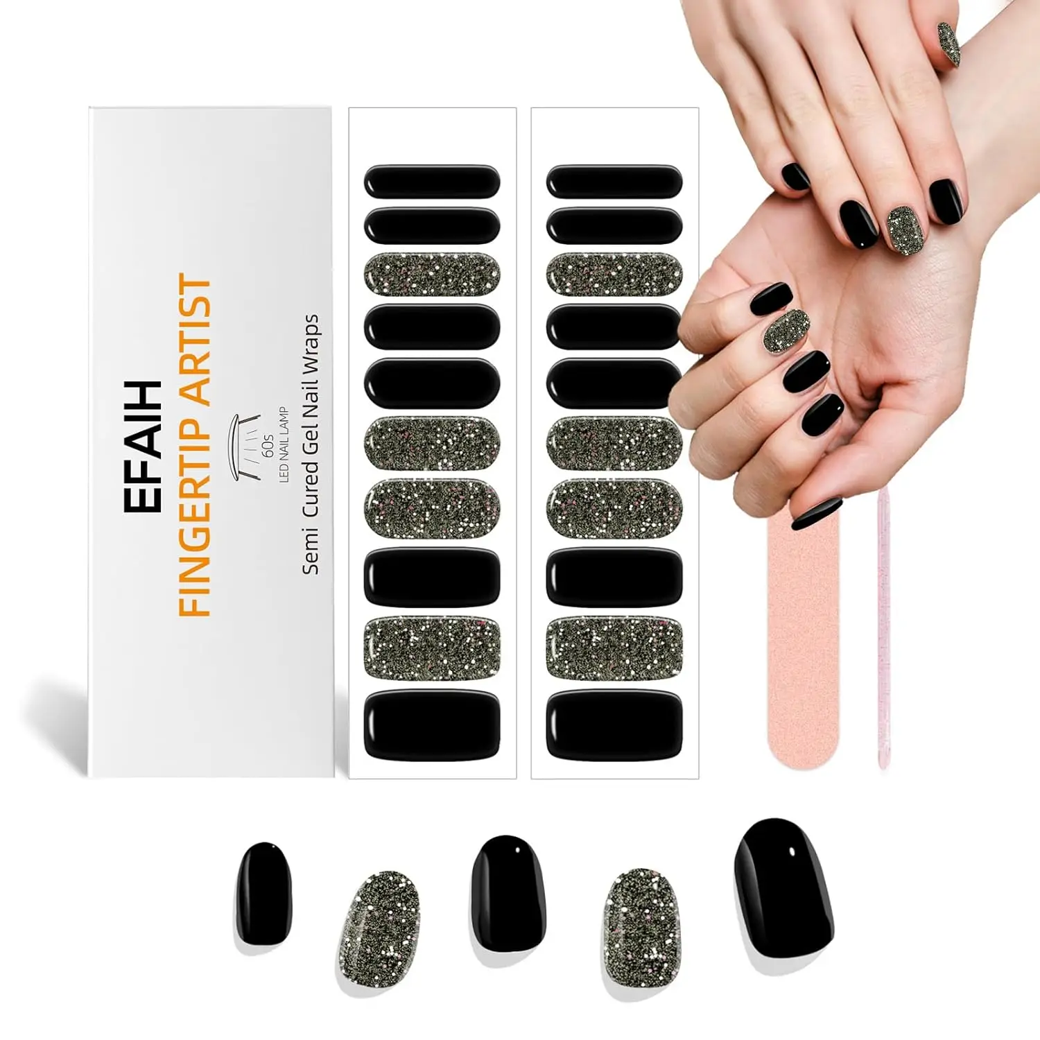 Semi Cured Gel Nail Strips 20PCS, UV/LED Required, Long Lasting DIY Manicure Kit, Salon Quality, Trendy Black Designs