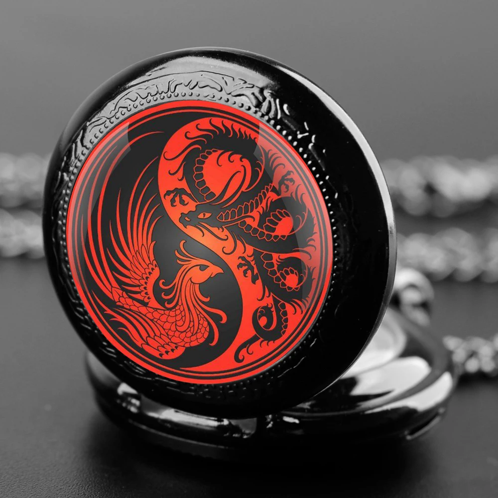 

Yin-Yang Phoenix Dragon Glass Dome Vintage Arabic Numerals Quartz Pocket Watch Necklace Pendant Clock Chain Men Women Kids Gift