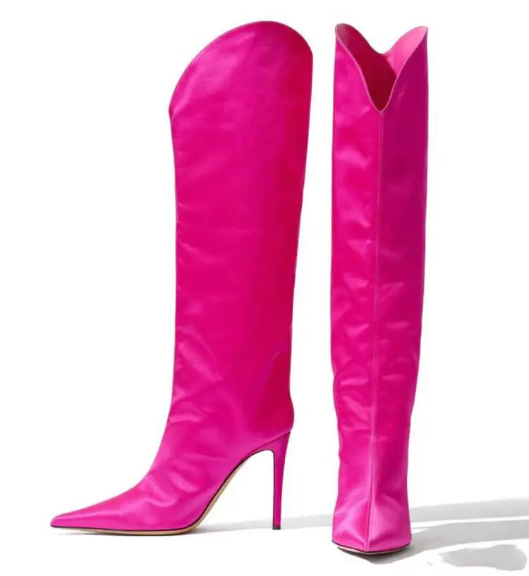 

Stylish Woman Shoes Sexy Neon Fuchsia Thin Heel Knee Boots Fashion Ladies High Quality Pointed Toe Side Zip Performance Boots