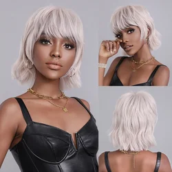 Décor M-Perruques Synthétiques Courtes pour Femmes Noires, Cheveux Lisses Naturels, Perruque Bob avec Frange, Degré de Chaleur, Rose, Argent, 03/Cosplay