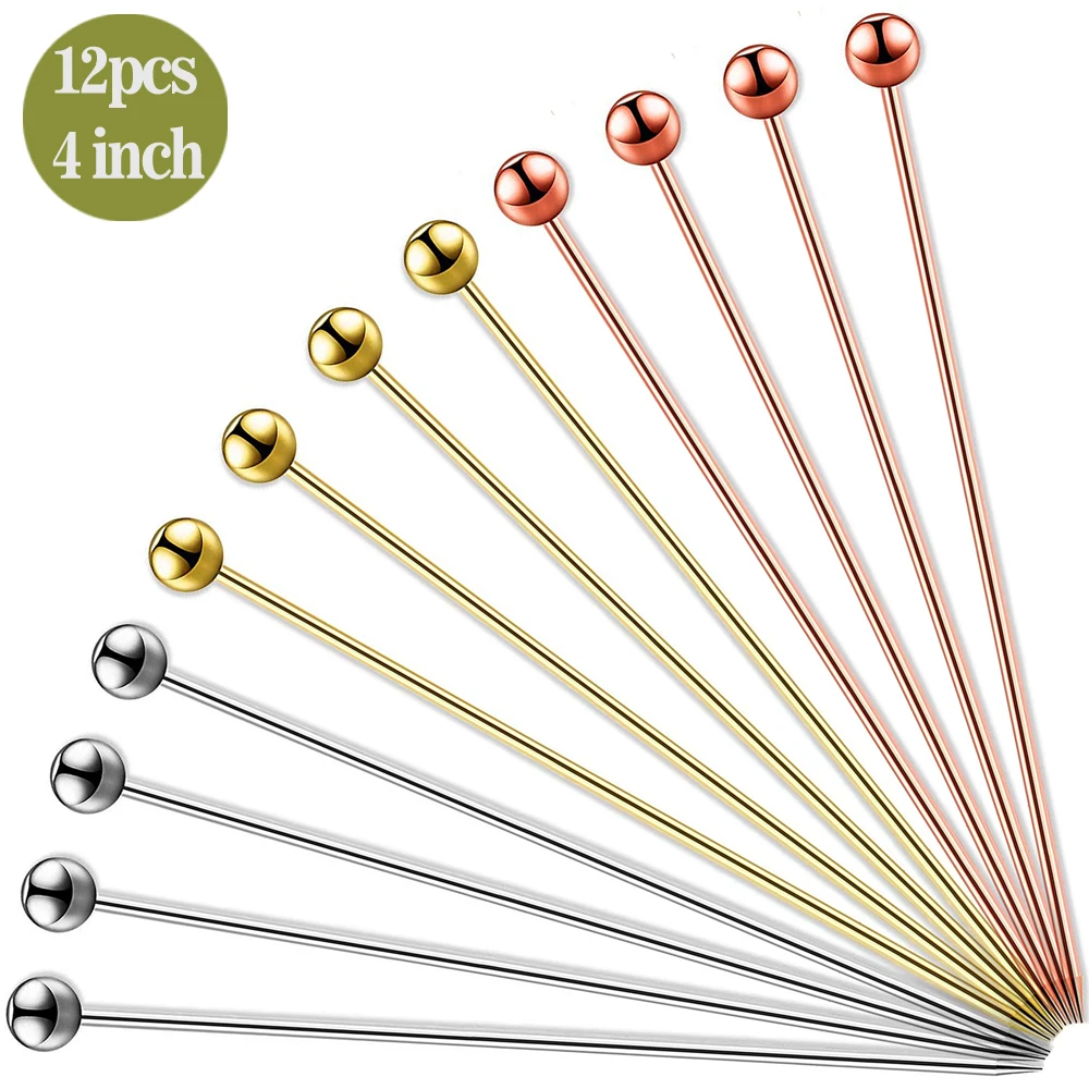 12Pcs Stainless Steel Cocktail Picks Bar Tools Drink Stirring Sticks Drinks Decoration Reusable Fruit Sticks Party Cocktail Pick
