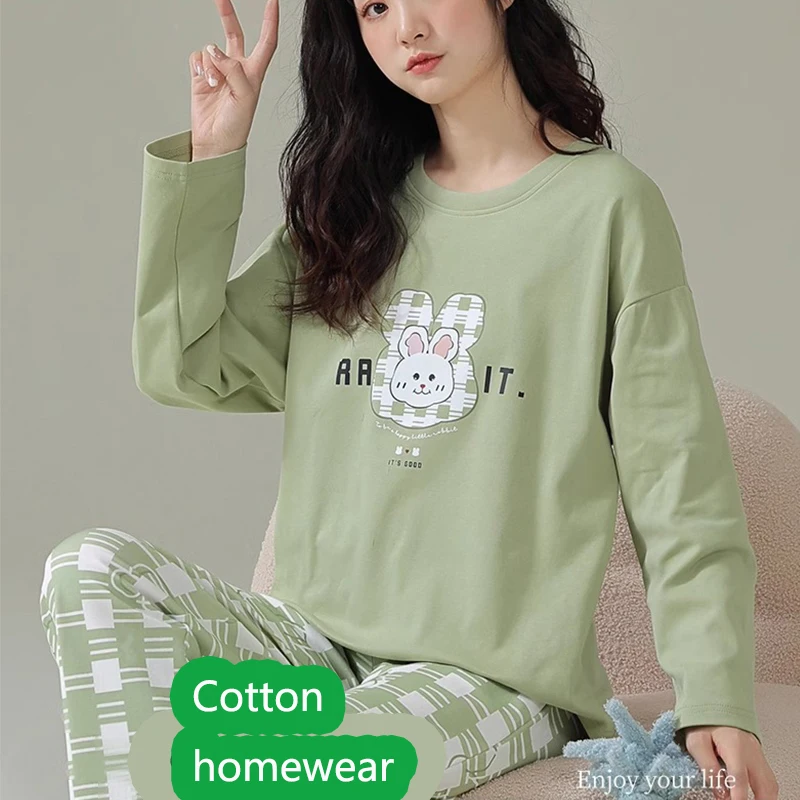 Cotton High Quality Large Size Ladies Autumn Winter Pajamas Women Pullover Long-Sleeved Cartoon School Homewear Green 2PCS/Set