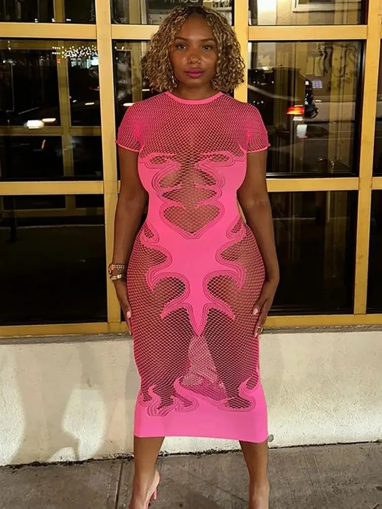 Abito patchwork in rete Donna Wild Flame Stampa O-Collo Manica corta Midnight Hottie Skinny Party Clubwear Lungo aderente