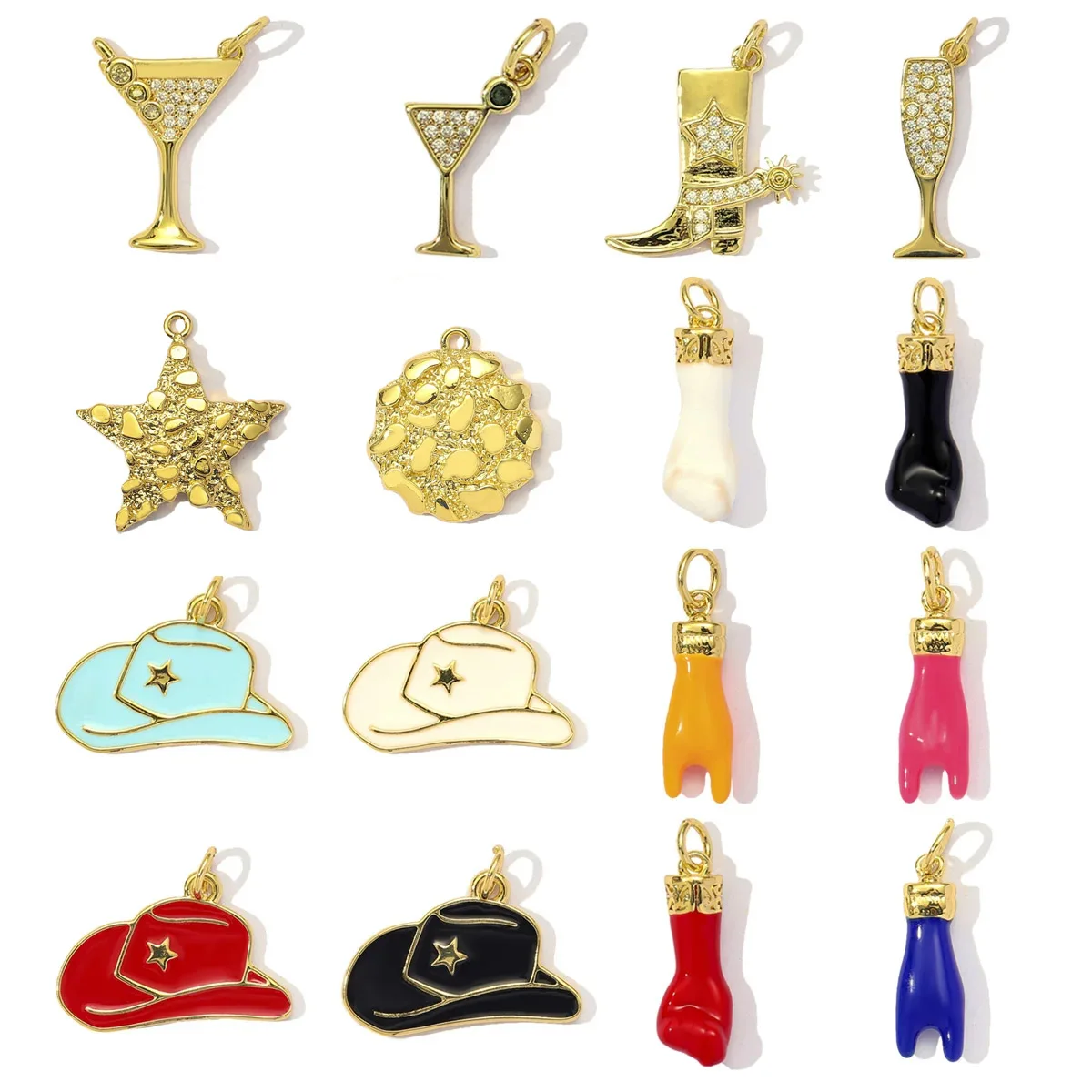 3 unids/lote de copas de vino de circón cúbico de cobre a la moda, botas altas, herradura DIY, dijes para mujer, sombrero esmaltado, colgantes de puño, joyería de la suerte