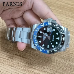 Parnis 40mm Sapphire Crystal GMT Automatic Movement Left Crown Black Dial Men Boy Watch Luminous Marker Date Black Blue Bezel