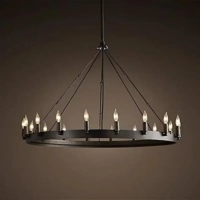 

Modern American Retro Iron Pendant Lamp Vintage Industrial Led Droplight Round Cafe Restaurant Bar Knight Candle Chandelier