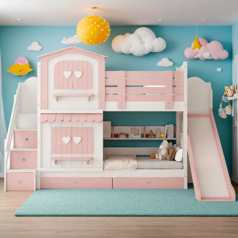 Children's bed Girl bunk bed Two-layer pink princess wind castle bed Slide bunk
