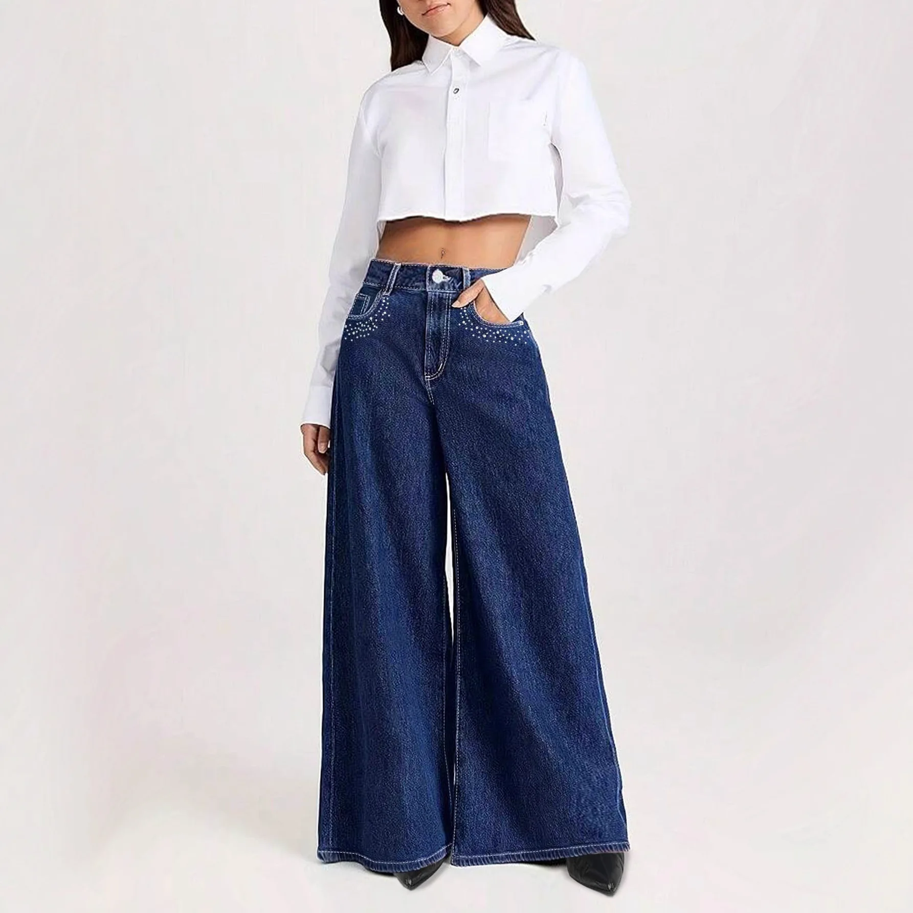 

Модные свободные женские джинсы с карманами и стразами, прямые длинные брюки, удобный повседневный стиль для женщин