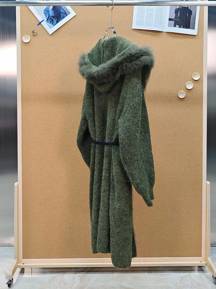 New Design Autumn Women Luxury Real Fox Fur Sweater Fox Fur Decoration Lady's Long Thick Camel Sweater Jacket Female Coat
