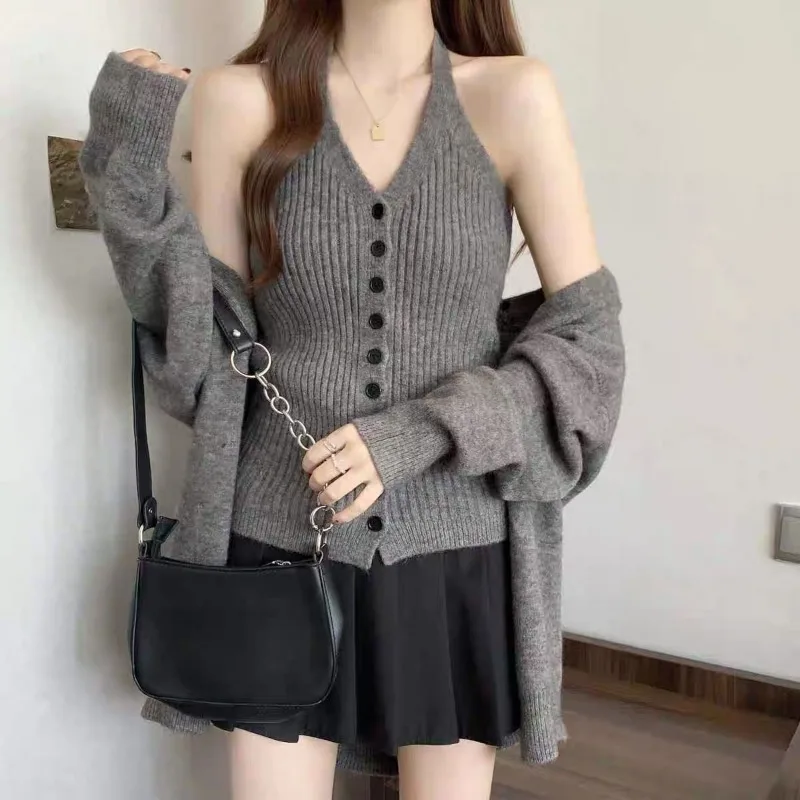 Giacca maglione allentata ispessita stile pigro Canotta lavorata a maglia autunno e inverno da donna Top in due pezzi