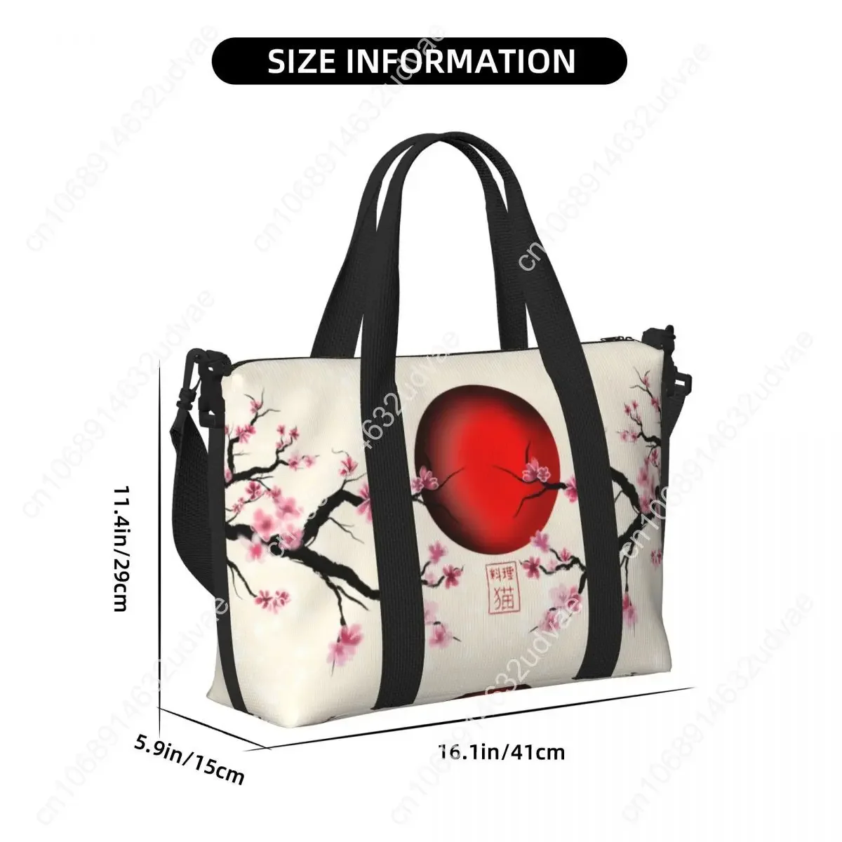 Tas Tote Wanita Motif Bunga Sakura Jepang Kustom Dengan Gambar Matahari Merah Terbit, Kapasitas Besar, Tas Bahu Untuk Gym, Pantai, dan Perjalanan