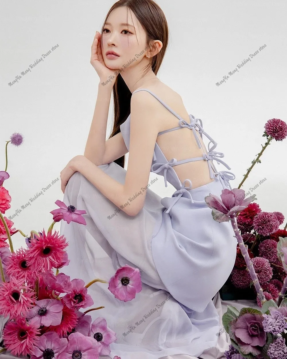 2025 Elegant Bowith Spaghetti Straps Lilac Korean Evening Party Dresses Customized Backless Sexy Prom Dresses 이브닝 드레스