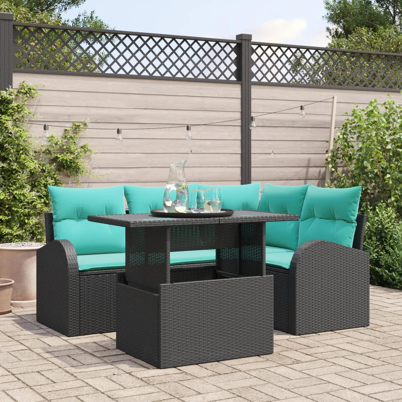 

5 Piece Outdoor Garden Sofa Set with Cushions Black Rattan Furniture Cozy Patio Couch