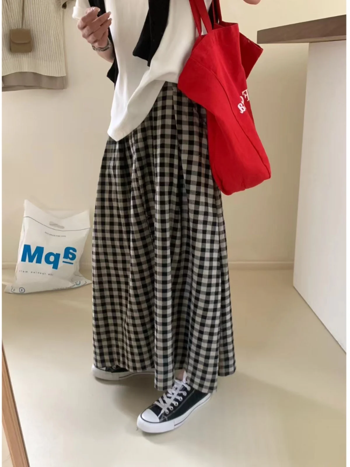 

Retro Bla White Plaid High Waist A-Line Midi Skirt Women's Autumn Winter New Sle Slimming Versatile f-length Umbrella ...
