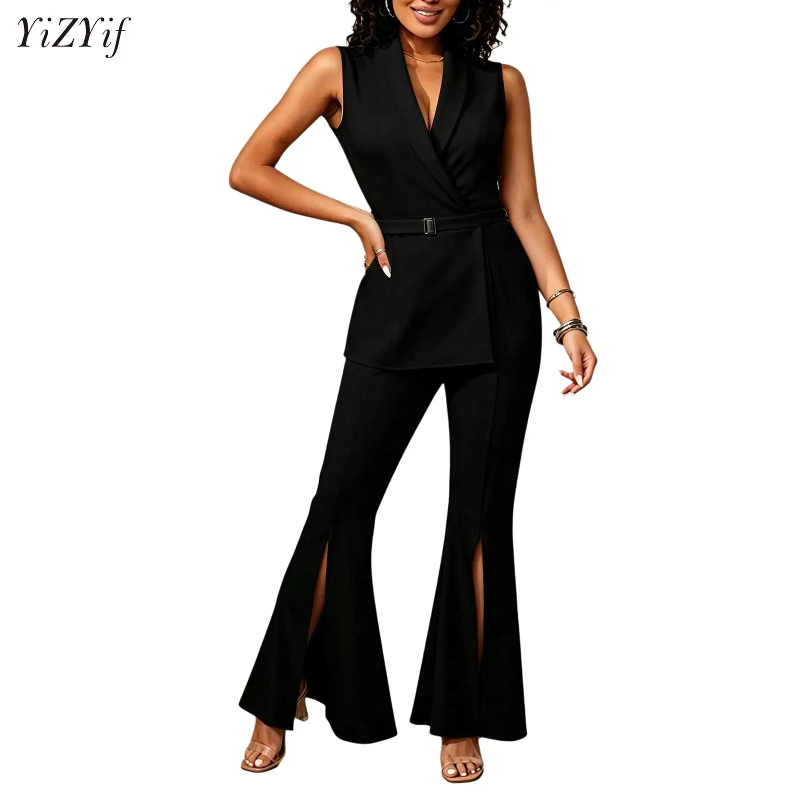 Women V-neck Lapel Sleeveless Side Zipper Bodysuit Split Hem Flare Pants Jumpsuit for Office Work Party Daily Wear Club Vacation