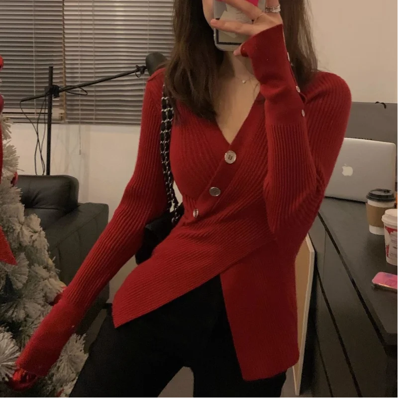 Women Autumn Winter New Irregular V-neck Sweater Trendy Sweet Waist Slim Fit Pullover Knit Shirt Solid Button Long Sleeved Tops
