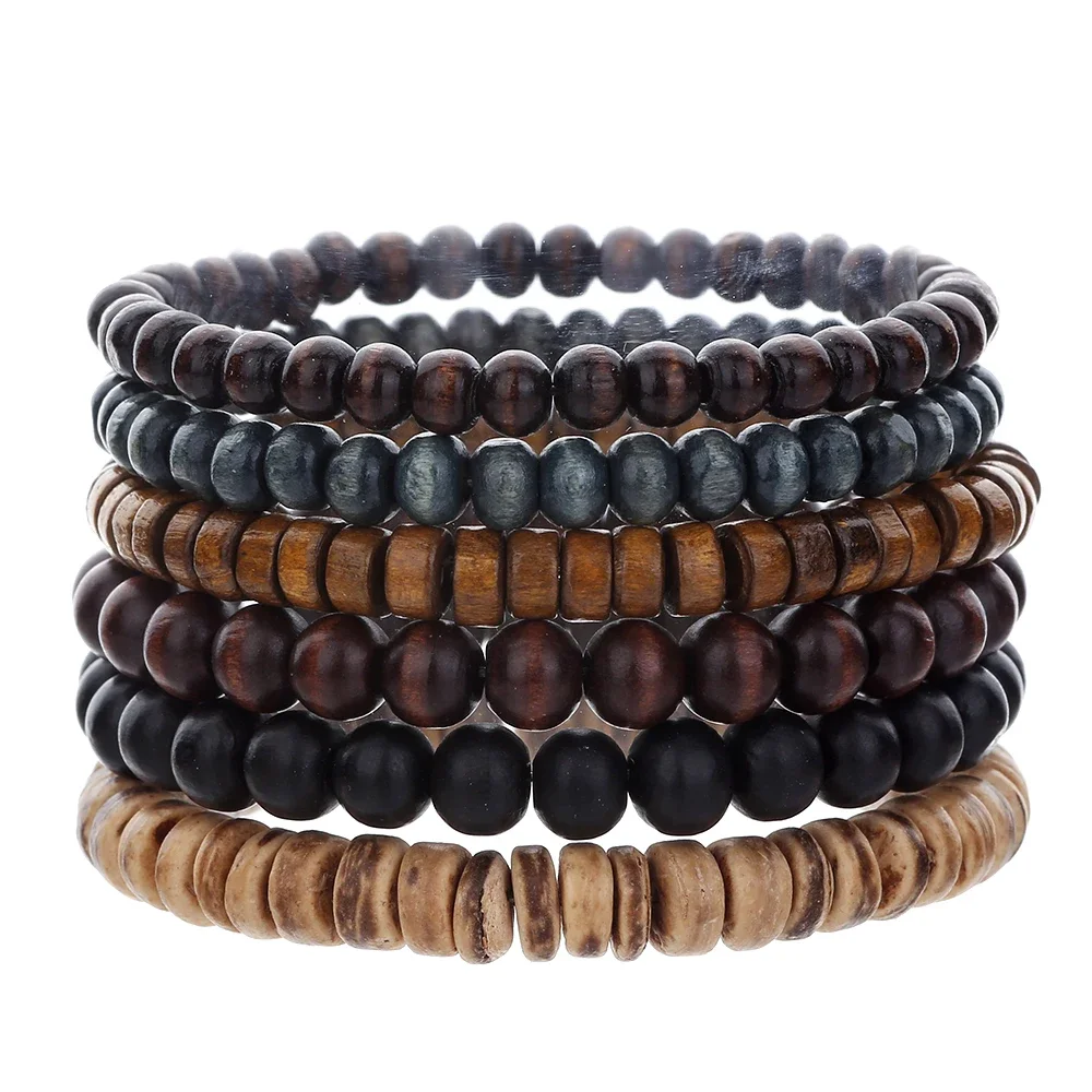 Best-selling Multi-layer Buddha Wood Bead Bracelets Sets Men\'s Retro Style Multi-layer Elastic Thread Adjustable Wooden Bracelet