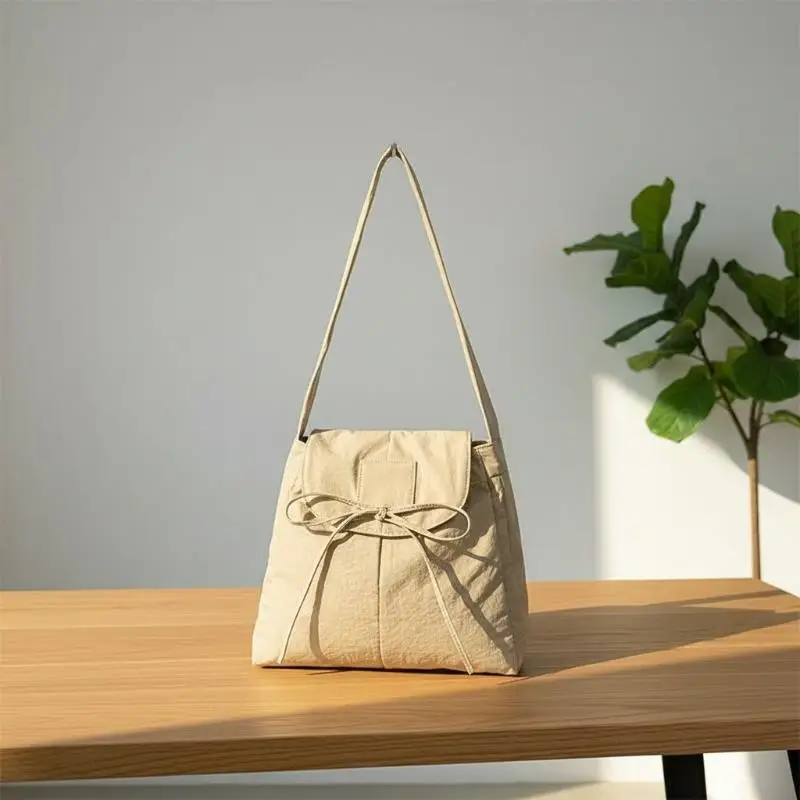 Korean Style Nylon Bow Flap Crossbody Bag Big Capacity Light Soft Portable Zipper Shoulder Bag for Holiday Outings