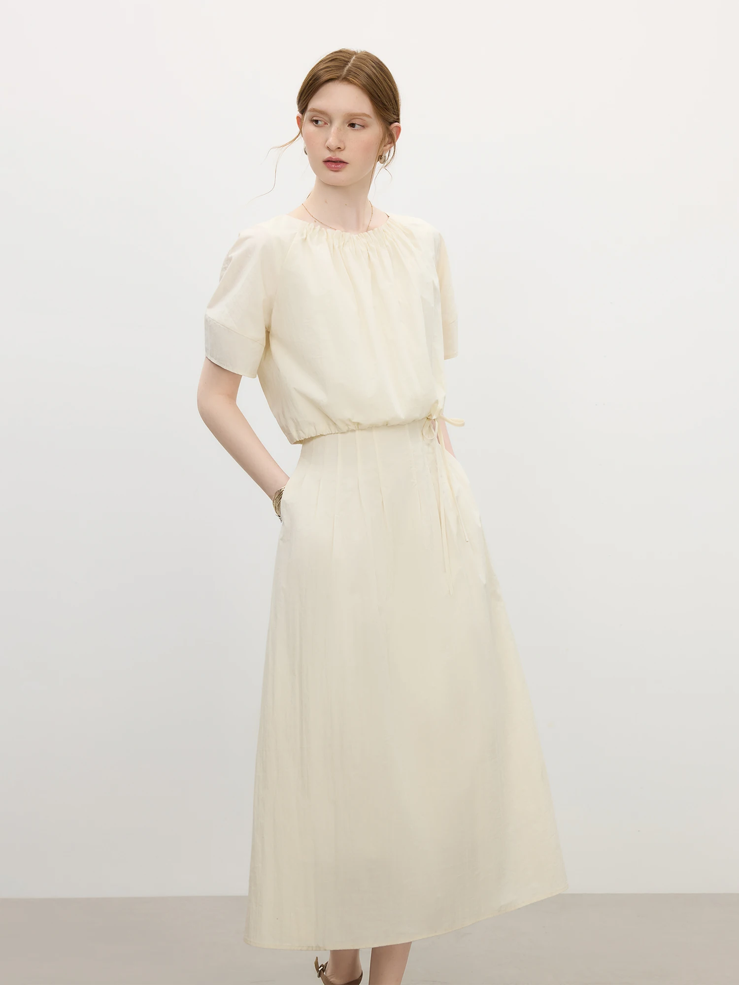 FSLE Summer 2025 Women's Vintage Midi Dress - Round Neck Tie-Waist Flowy Boho Drop Shoulder Maxi Beach to Office