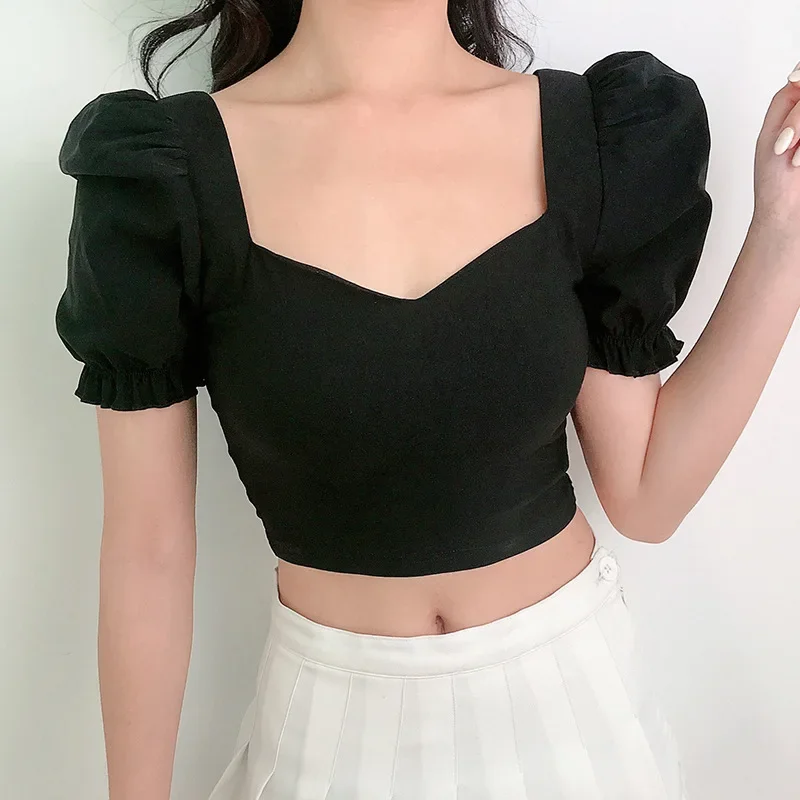 2021 Woman Sexy Crop Top Black Palace Style Square Neck T-Shirts Women White Summer Casual Tops Vintage Streetwear Off Shoudler