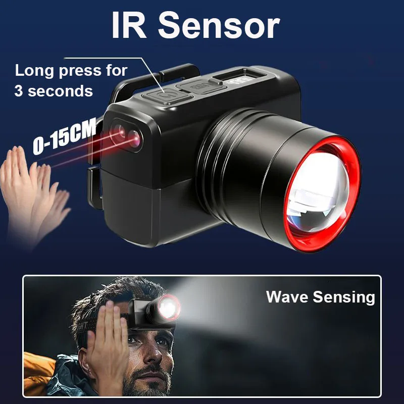 المصابيح الأمامية LED القابلة لإعادة الشحن، تكبير قابل للتعديل، المصابيح الأمامية المقاومة للماء، المصابيح الأمامية الأمامية، المصابيح الأمامية فائقة السطوع للتخييم