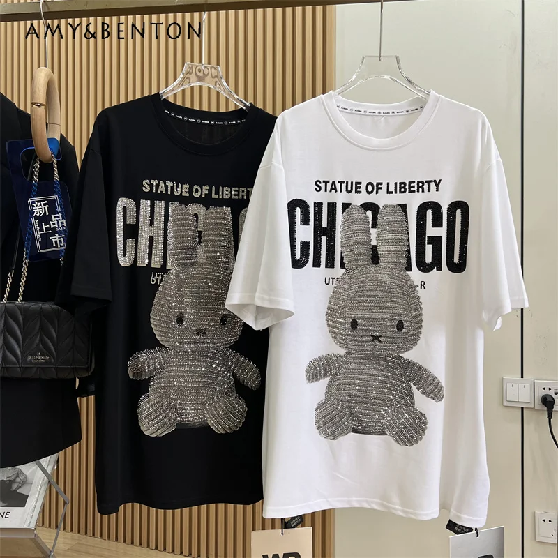 

Light Luxury Heavy Embroidery Hot Drilling Cartoon Printed Loose T Shirt American Street Round Neck Short Sleeve Oversized Tops