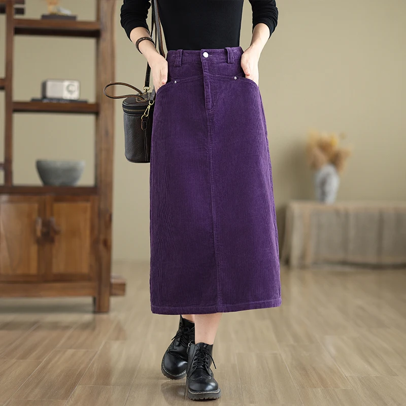 ارتفاع الخصر سروال قصير ميدي تنورة اللون الأرجواني تنوعا Quali الخريف الشتاء ألف خط تنورة تخفيف Sle Cosite النسيج