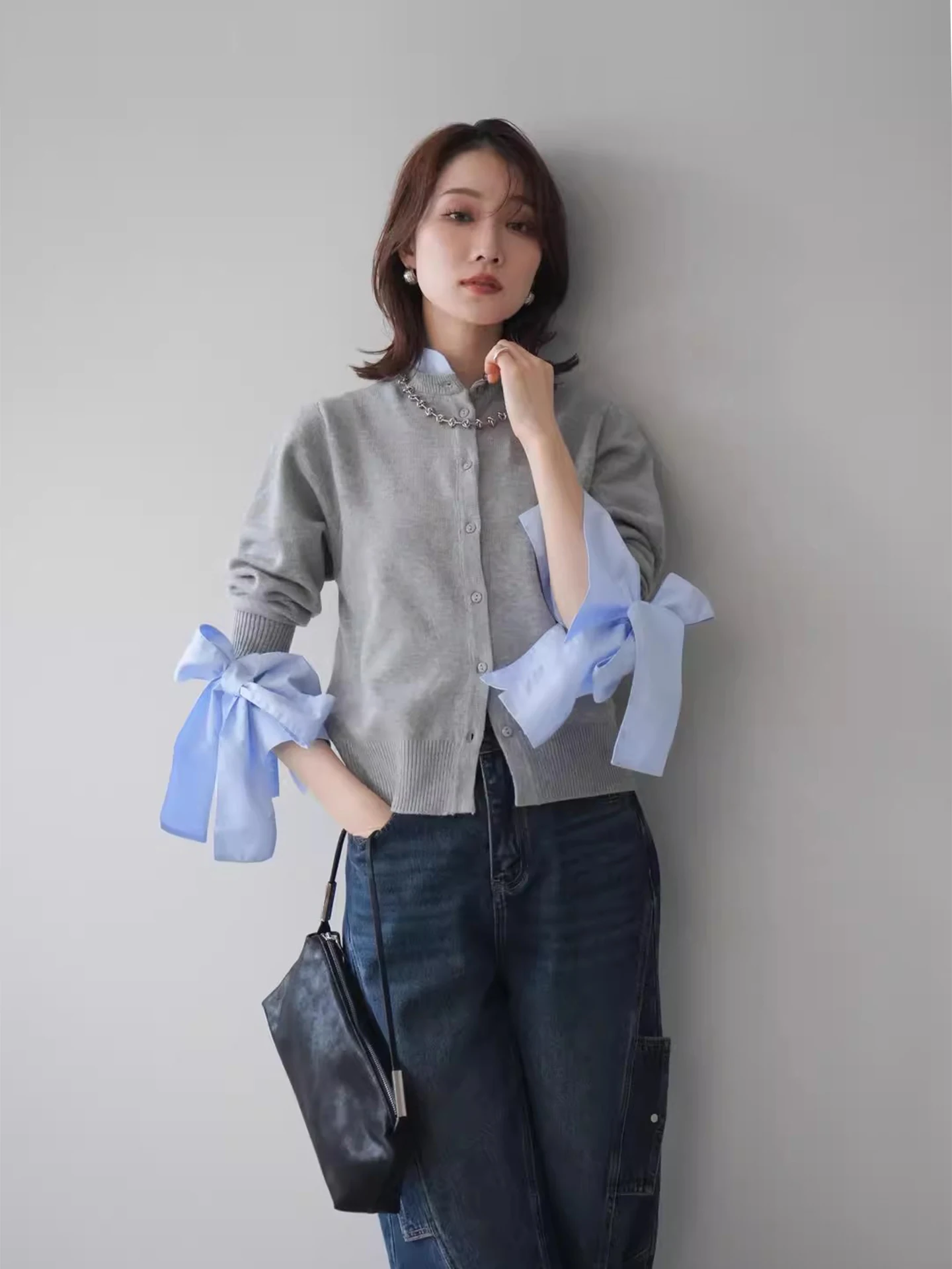 Sweet Style Knitted Sweater Women's Autumn Winter Soft Plaid  Knot Design Color Block Bunting Coat Casual Loose Fit