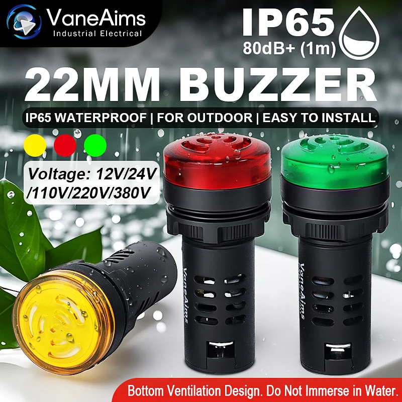 22mm Plastic Waterproof Buzzer FXB16-22SM (W) 12v 24v 220v Sound and Flashing LED Light Buzzer Warning Device 110V 380V VaneAims