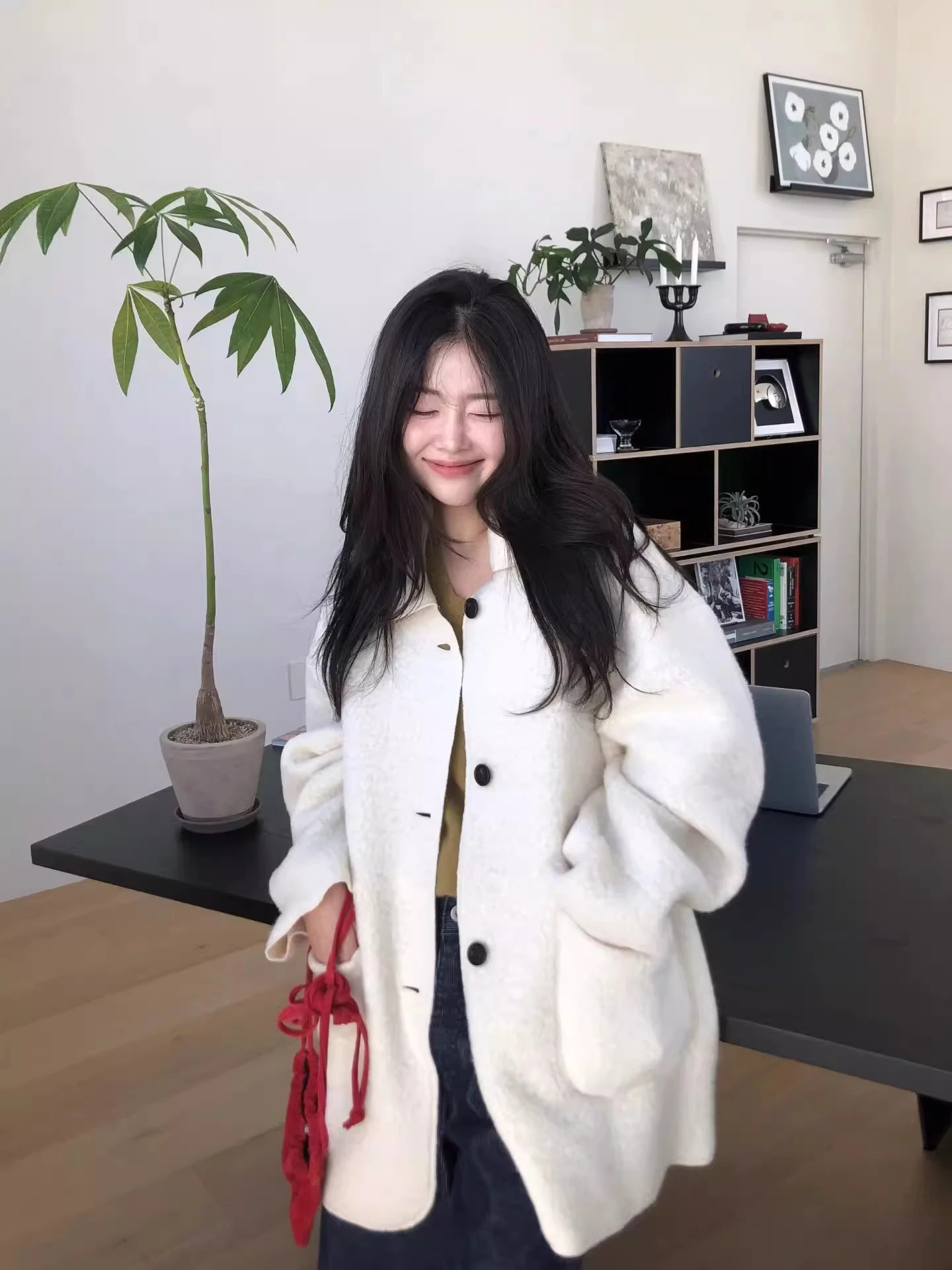 

Lamb Fur Women's Coat Casual Loose Mid-Length Woolen Jaet Double ket Soft Sle Faionable Korean Version Commute Sle