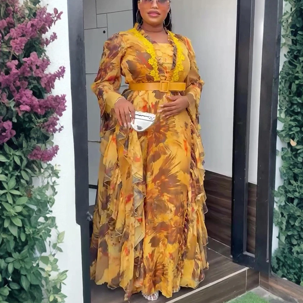 

Fashion African Dresses for Woman Printed 2025 New V Neck Full Sleeve Belt Waisted Ruffles Dashiki Ankara Birthday Party Dress