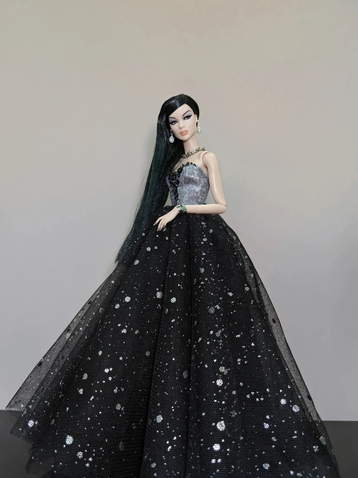 1/6 Babi Doll Clothes Galaxy Glitter Elegant Evening Gown Fashion Black Wedding Dress For 30cm FR Babi Supermodel Doll Dress Up