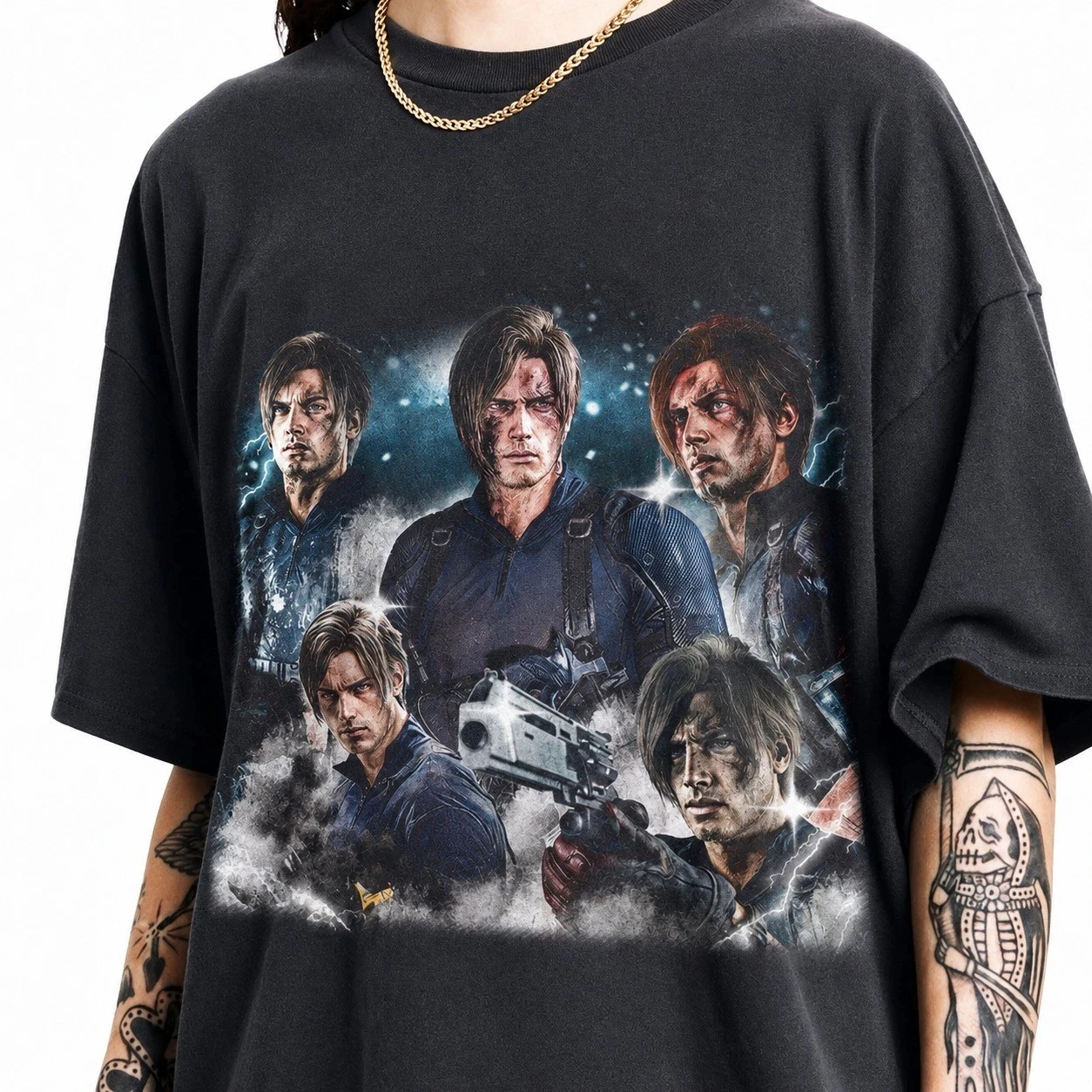 Leon Kennedy Girl Dinner Resident Evil Vintage T-Shirt Geschenk für Frau und Mann T-Shirts Tee Top Shirt Grafik Kurzarm – Detail 6