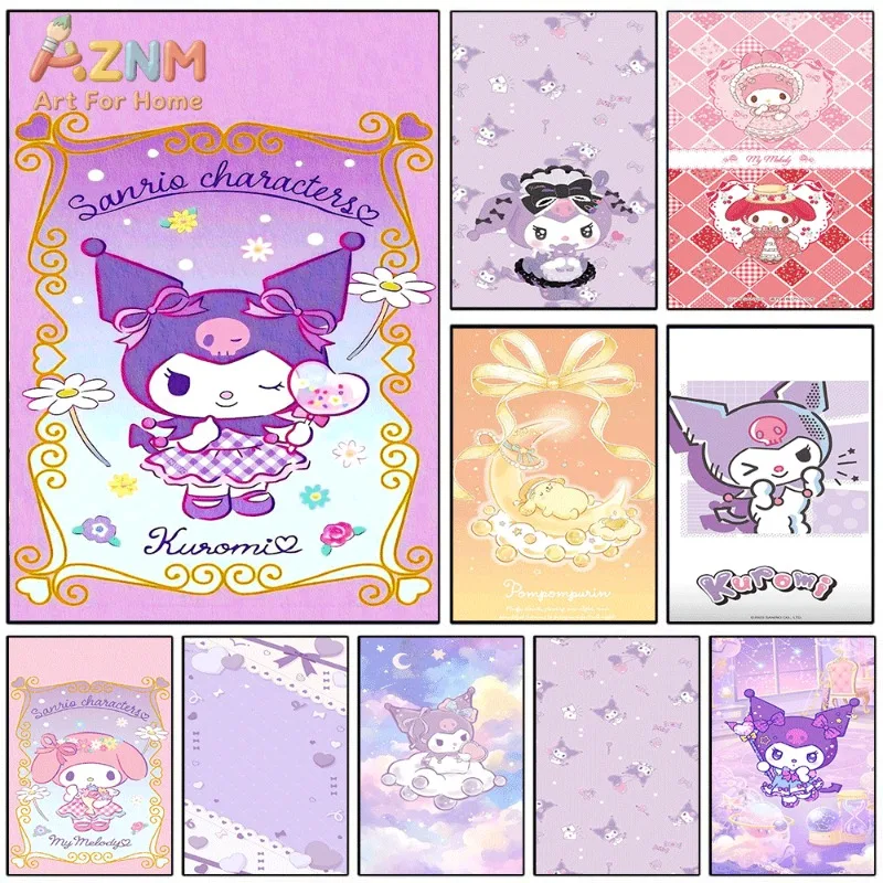 Sanrio Kuromi Canvas Wall Art Unframed Print Vintage Golden Frame Daisy Cute Cartoon Poster for Bedroom Dorm Home Interior Wall